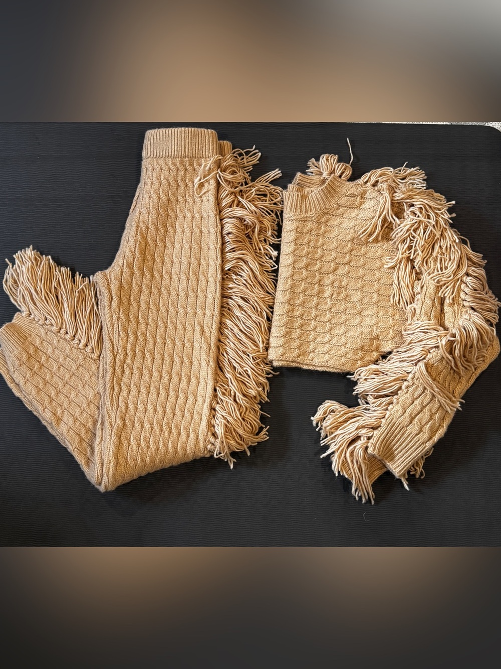 Fringed Cable-Knit Scoop Neck Sweater in Tan Set top and bottom